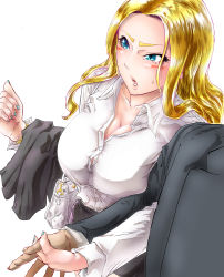 Rule 34 | 1boy, 1girl, absurdres, bag, blonde hair, blue eyes, blue nails, blush, breasts, bro.you-yan, cleavage, dress shirt, embarrassed, holding hands, handbag, highres, jacket, kolin, large breasts, lips, long hair, looking away, nail polish, no bra, office lady, parted lips, pencil skirt, shirt, simple background, skirt, street fighter, street fighter v, sweat, sweatdrop, thick eyebrows, tongue, unbuttoned, unbuttoned shirt, watch, wavy hair, white background, white shirt, wristwatch