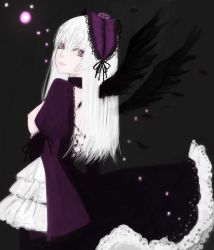Rule 34 | 1girl, bad id, bad pixiv id, black wings, breasts, frills, gothic lolita, hairband, lolita fashion, lolita hairband, long hair, looking at viewer, mksm, nipples, open mouth, parted lips, puffy sleeves, purple eyes, rozen maiden, silver hair, solo, suigintou, wings