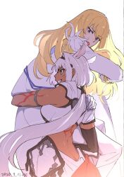 Rule 34 | 1boy, 1girl, animal ears, arm around waist, armlet, armor, black gloves, black hairband, blonde hair, blue eyes, body markings, caenis (fate), cape, carrying, carrying person, dated, elbow gloves, extra ears, fate/grand order, fate (series), feathers, formal, gloves, grin, hairband, hand on another&#039;s shoulder, horse ears, jacket, kirschtaria wodime, lifting person, long hair, looking ahead, looking at another, looking back, looking down, open mouth, pants, pauldrons, ponytail, ponytail holder, profile, sabamori, shoulder armor, simple background, single glove, smile, suit, sunlight, surprised, sweatdrop, white armor, white background, white cape, white feathers, white gloves, white hair, white jacket, white pants