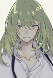 Rule 34 | &gt;:d, 1boy, :d, androgynous, beige background, blonde hair, blurry, collarbone, depth of field, enkidu (fate), fate/strange fake, fate (series), green eyes, green hair, hair between eyes, long hair, looking at viewer, male focus, matching hair/eyes, open mouth, portrait, robe, rururara, shirt, signature, simple background, smile, solo, v-shaped eyebrows, white shirt