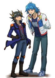Rule 34 | 2boys, absurdres, arms behind back, belt, black hair, black shirt, blue eyes, blue hair, blue jacket, blue pants, blue shirt, boots, brown footwear, brown gloves, bruno (yu-gi-oh!), closed eyes, denim, elbow pads, facial mark, facial tattoo, fudo yusei, gloves, hand on own hip, height difference, highres, jacket, jeans, knee pads, leaning, leaning back, leaning forward, looking at another, male focus, marking on cheek, multicolored hair, multiple boys, open clothes, open jacket, open mouth, pants, shadow, shirt, shoes, short hair, shoulder pads, simple background, sleeves rolled up, smile, sneakers, spiked hair, standing, streaked hair, t-shirt, tattoo, white background, white footwear, white jacket, youko-shima, yu-gi-oh!, yu-gi-oh! 5d&#039;s