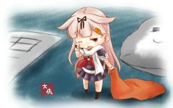 Rule 34 | 1girl, artist name, black ribbon, black serafuku, black skirt, blonde hair, drooling, hair flaps, hair ornament, hair ribbon, hairclip, highres, kantai collection, long hair, mini person, minigirl, mouth drool, neckerchief, one eye closed, open mouth, pleated skirt, red eyes, red neckerchief, ribbon, scarf, school uniform, serafuku, short sleeves, skirt, sleepy, solo, taisa (kari), white scarf, yuudachi (kancolle), yuudachi kai ni (kancolle)