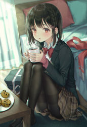 Rule 34 | 1girl, absurdres, bag, bed, bed sheet, bedroom, black hair, black jacket, black pantyhose, blush, bobby pin, bow, bowtie, braid, brown eyes, brown skirt, coffee mug, cookie, cup, drinking, food, hair ornament, highres, indoors, jacket, looking at viewer, mug, open mouth, original, pantyhose, pillow, pink sweater, plaid, plaid skirt, pleated skirt, r o ha, red bow, red bowtie, scarf, unworn scarf, school bag, shirt, short hair, single braid, sitting, skirt, solo, sweater, table, white shirt