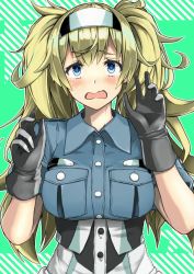 Rule 34 | 1girl, black gloves, blonde hair, blue eyes, blue shirt, blush, breast pocket, breasts, collared shirt, crying, crying with eyes open, gambier bay (kancolle), gloves, green background, hair between eyes, hairband, highres, kantai collection, large breasts, long hair, open mouth, pocket, shirt, short sleeves, solo, tears, tsurukawasha, twintails, upper body