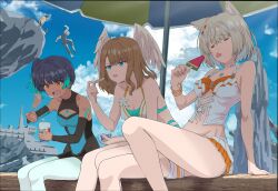 3boys 3girls :p afterimage animal_ears blue_eyes blue_hair blue_sky breasts brown_hair cat_ears cat_girl cloud commentary_request eunie_(xenoblade) fiery_hair grey_hair head_wings highres holding holding_spoon hot kageyasu lanz_(xenoblade) large_breasts long_hair medium_hair mio_(xenoblade) multiple_boys multiple_girls navel noah_(xenoblade) official_alternate_costume outdoors sena_(xenoblade) side_ponytail sitting sky spoon taion_(xenoblade) tongue tongue_out v-shaped_eyebrows wings xenoblade_chronicles_(series) xenoblade_chronicles_3