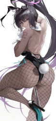 Rule 34 | 1girl, absurdres, animal ears, ass, back, bare shoulders, black leotard, blue archive, bow, breasts, dark-skinned female, dark skin, detached collar, fake animal ears, fake tail, fishnet pantyhose, fishnets, from behind, halo, high heels, highleg, highleg leotard, highres, karin (blue archive), karin (bunny) (blue archive), large breasts, leg up, lemoneko, leotard, long hair, looking at viewer, looking back, pantyhose, playboy bunny, pole dancing, ponytail, rabbit ears, rabbit tail, revision, shoulder tattoo, simple background, solo, strapless, strapless leotard, tail, tattoo, thighs, very long hair, white background, wrist cuffs