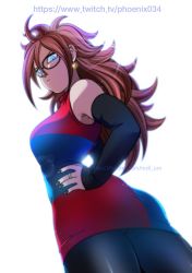 Rule 34 | &gt;:(, 1girl, android, android 21, ass, asymmetrical clothes, bare shoulders, black-framed eyewear, black nails, blue dress, blue eyes, breasts, closed mouth, detached sleeves, dragon ball, dragon ball fighterz, dress, earrings, eyebrows, eyelashes, fingernails, from below, frown, glasses, hair between eyes, hand on own hip, highres, hoop earrings, jewelry, jpeg artifacts, large breasts, lens flare, long hair, long sleeves, multicolored clothes, multicolored dress, nail polish, pantyhose, red dress, ring, short dress, simple background, solo, turtleneck, twitch username, twitter username, umelim, v-shaped eyebrows, white background