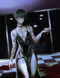 Rule 34 | 1girl, bare arms, bare shoulders, black dress, blood, burn scar, chigiriseira, choker, collarbone, commentary, cupping glass, dark green hair, dress, english commentary, eyepatch, highres, jujutsu kaisen, looking to the side, scar, scar on arm, scar on face, short hair, solo, spoilers, standing, yellow eyes, zenin maki