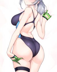 Rule 34 | 1girl, ass, ass focus, black one-piece swimsuit, blue archive, breasts, choker, competition swimsuit, dakimakura (medium), from behind, gloves, green gloves, grey hair, halcon, hand on own ass, head out of frame, large breasts, medium hair, one-piece swimsuit, racerback, shiroko (blue archive), solo, swimsuit, thigh strap, wedgie