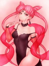 Rule 34 | 1girl, bare shoulders, bishoujo senshi sailor moon, black dress, black lady (sailor moon), breasts, chibi usa, cleavage, collar, collarbone, cone hair bun, crescent, crescent facial mark, curvy, double bun, dress, earrings, facial mark, fumio (rsqkr), hair bun, jewelry, long hair, looking at viewer, pink background, pink eyes, pink hair, shiny skin, small breasts, solo, strap slip, thighs, twintails, very long hair, wide hips