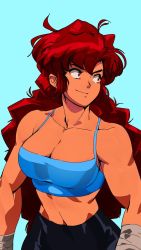 Rule 34 | 1990s (style), 1girl, arm wrap, bare shoulders, big hair, blue background, breasts, cleavage, collarbone, commentary, crop top, dark-skinned female, dark skin, david liu, english commentary, highres, large breasts, long hair, maria (space maria), midriff, narrow waist, navel, red eyes, red hair, retro artstyle, simple background, smile, solo, space maria, spaghetti strap, toned, upper body