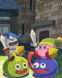 Rule 34 | armor, blue eyes, blush stickers, brown footwear, brown gloves, castle, copy ability, crossover, door, dragon quest, dragon quest v, gloves, gooey (kirby), googly eyes, highres, holding, holding shield, holding sword, holding weapon, kirby, kirby (series), miclot, nintendo, no humans, open mouth, outdoors, pink footwear, shield, shoes, slime (creature), slime (dragon quest), slime (substance), stone wall, sword, sword kirby, tongue, tongue out, trait connection, wall, weapon