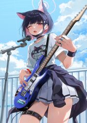 Rule 34 | 1girl, animal ears, bass guitar, belt, black choker, black hair, black mask, blue archive, blue sky, cardigan, cardigan around waist, cat ears, choker, clothes around waist, cloud, colored inner animal ears, colored inner hair, commentary request, earrings, extra ears, fender jazz bass, gijang, halo, highres, holding bass, instrument, jacket, jacket around waist, jewelry, kazusa (band) (blue archive), kazusa (blue archive), looking at viewer, mask, mask pull, microphone stand, mouth mask, multicolored hair, multiple bracelets, music, official alternate costume, one eye closed, open mouth, outdoors, pink hair, pink halo, playing instrument, pleated skirt, print shirt, red eyes, shirt, short hair, short sleeves, skirt, sky, solo, stud earrings, sweat, thigh belt, thigh strap, white shirt, white skirt