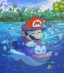 Rule 34 | 1boy, 1girl, bubble, bush, closed eyes, day, facial hair, fish, gem, gloves, hat, highres, leaf, mario, mario (series), mustache, nintendo, outdoors, paper mario, paper mario 64, red headwear, sky, sparkle, submerged, sushie, tree, water, white gloves, ya mari 6363