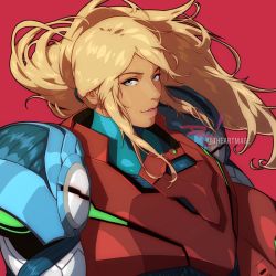 Rule 34 | 1girl, arm cannon, armor, blonde hair, blue eyes, glowing, long hair, looking at viewer, metroid, metroid dread, mole, mole under mouth, nintendo, ponytail, power armor, samus aran, science fiction, sidelocks, simple background, smile, solo, the art mage, upper body, varia suit, weapon