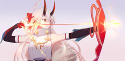 Rule 34 | 1girl, arrow (projectile), bare shoulders, blush, bow (weapon), breasts, closed mouth, fate/grand order, fate (series), grey hair, holding, holding arrow, holding bow (weapon), holding weapon, horns, long hair, looking away, medium breasts, pisu, pixiv fate/grand order contest 2, red eyes, solo, tomoe gozen (fate), upper body, very long hair, weapon