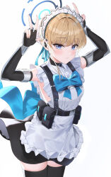 Rule 34 | 1girl, absurdres, apron, black gloves, black skirt, black thighhighs, blonde hair, blue archive, blue bow, blue bowtie, blue eyes, blue ribbon, bow, bowtie, double v, earpiece, elbow gloves, fingerless gloves, gloves, hair bun, hair intakes, hair ribbon, halo, harness, highres, k.j., looking at viewer, maid, maid apron, maid headdress, miniskirt, pouch, ribbon, short hair, skirt, solo, thighhighs, toki (blue archive), v, white apron, zettai ryouiki
