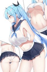 Rule 34 | 1girl, armpits, arms behind back, ass, back, bare arms, bare shoulders, black skirt, blue hair, breasts, cameltoe, chukibabo2, collarbone, commission, covered erect nipples, crop top, crop top overhang, derivative work, dungeon and fighter, from side, frown, hair ribbon, highres, large breasts, leaning forward, long hair, microskirt, midriff, miniskirt, multiple views, navel, neckerchief, open mouth, panties, pleated skirt, pout, profile, red eyes, revealing clothes, ribbon, sailor collar, school uniform, serafuku, shirt, side-tie panties, side-tie peek, sideboob, sidelocks, skirt, sleeveless, sleeveless shirt, standing, stomach, thigh gap, thighs, twintails, underboob, underwear, v-shaped eyebrows, very long hair, white panties, white shirt