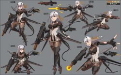 Rule 34 | 1girl, absurdres, armor, armored boots, armored gloves, bandaged head, bandages, bodystocking, boots, breasts, cable, character name, cleavage, closed mouth, firing, floating, floating object, frown, goddess of victory: nikke, grey hair, gun, hair ribbon, heavy machine gun, highres, large breasts, long hair, machine gun, mechanical tail, mechanical wings, modernia (nikke), multiple views, open mouth, pixel art, red eyes, ribbon, sealssugiyama, see-through, see-through cleavage, shoulder armor, sidelocks, smile, solo, tail, weapon, wings, yellow ribbon