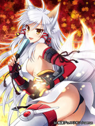 Rule 34 | 1girl, animal ears, ass, black panties, elbow gloves, hand fan, fox ears, fox tail, gloves, japanese clothes, junketsu duelion, long hair, mauve, multiple tails, original, panties, solo, tail, thighhighs, underwear, white hair, yellow eyes