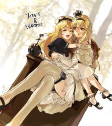 Rule 34 | 2girls, blonde hair, blue eyes, braid, character name, closed eyes, commentary request, crossed legs, crown, dongsa wonhyong, dress, flower, french braid, garter straps, globus cruciger, hug, jervis (kancolle), kantai collection, long hair, long sleeves, mini crown, multiple girls, off-shoulder dress, off shoulder, open mouth, red flower, red ribbon, red rose, ribbon, rose, sitting, sitting on person, smile, thighhighs, throne, warspite (kancolle), white dress, white legwear