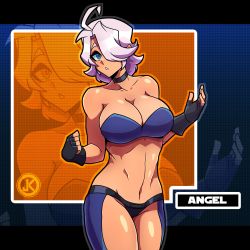 Rule 34 | 1girl, absurdres, ahoge, angel (kof), bare shoulders, black choker, blue eyes, bra, breasts, chaps, choker, cleavage, collarbone, fingerless gloves, gloves, hair between eyes, hair over one eye, highres, jizuz kord, large breasts, looking at viewer, navel, open mouth, snk, solo, strapless, strapless bra, the king of fighters, toned, underwear, video game