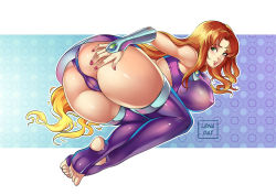Rule 34 | 1girl, alien, alternate ass size, alternate body size, alternate breast size, armpits, artist name, ass, bare shoulders, blush, breasts, cameltoe, cleft of venus, dc comics, feet, female focus, from behind, full body, gauntlets, green eyes, groin, highres, large breasts, legs, legs together, lenadai, long hair, looking at viewer, looking back, midriff, nail polish, nipples, no shoes, nose blush, orange hair, outline, panties, pantyshot, parted lips, purple panties, purple skirt, purple thighhighs, see-through, simple background, skindentation, skirt, solo, starfire, stirrup legwear, teen titans, thighhighs, thighs, toeless legwear, toes, two-tone background, underwear, upskirt, very long hair, white outline