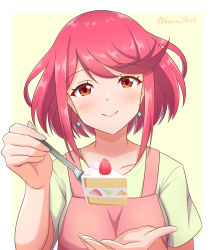 Rule 34 | 1girl, absurdres, apron, blush, border, breasts, cake, cake slice, closed mouth, commentary request, earrings, facing viewer, food, fork, green shirt, hands up, highres, holding, holding fork, jewelry, medium breasts, pink apron, pyra (xenoblade), red eyes, red hair, ryochan96154, shirt, short hair, short sleeves, signature, smile, solo, upper body, white border, xenoblade chronicles (series), xenoblade chronicles 2, yellow background