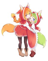Rule 34 | 2girls, ;d, animal ears, black legwear, blue eyes, boots, braid, capelet, commentary, done (donezumi), dress, ears through headwear, fang, fox ears, fox tail, frilled dress, frills, full body, green eyes, hair ornament, hairclip, hood, hooded capelet, hug, juliet sleeves, long hair, long sleeves, looking at viewer, multiple girls, one eye closed, open mouth, original, puffy sleeves, red capelet, red dress, red eyes, red hood, short hair, simple background, smile, tail, tiptoes, transparent background, white background
