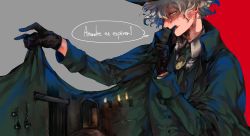 Rule 34 | 1boy, araya (hachino araya), black gloves, cape, cape lift, commentary request, cuffs, dungeon, edmond dantes (fate), fate/grand order, fate (series), fedora, finger to mouth, french text, gloves, handcuffs, hat, highres, index finger raised, male focus, prison, silver hair, simple background, smile, solo, speech bubble, torch, two-tone background, wavy hair, yellow eyes