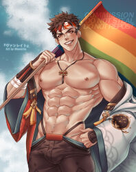 Rule 34 | 1boy, abs, artist name, bara, black hair, cloud, cloudy sky, flame print, gauntlets, gyee, hand on own hip, headband, highres, japanese clothes, jewelry, key, kimono, large pectorals, lgbt pride, looking at viewer, male focus, manly, mature male, multicolored hair, muscular, muscular male, necklace, nipples, open clothes, open kimono, pants, pectorals, rainbow flag, red hair, sky, smile, solo, sven (gyee), teeth, thick arms, twitter username, vanreito, yukata