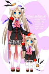 Rule 34 | 2girls, aged down, aqua eyes, bat (animal), bat hair ornament, beret, blue eyes, blush, bow, buttons, cape, character name, child, dual persona, hair ornament, hand on head, hat, large buttons, little busters!, long hair, multiple girls, noumi kudryavka, pink bow, plaid, plaid skirt, ribbon, school uniform, silver hair, skirt, skirt grab, skirt hold, stats, subachi, thighhighs, time paradox, white thighhighs, zettai ryouiki