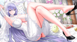 Rule 34 | 1girl, areola slip, armpits, arms up, ass cutout, azur lane, baozi, black footwear, blush, breasts, bridal veil, bride, butt crack, clothing cutout, detached collar, dress, food, full body, high heels, highres, large breasts, long hair, looking at viewer, lying, manjuu (azur lane), new jersey (azur lane), new jersey (snow-white ceremony) (azur lane), official alternate costume, purple eyes, purple hair, revealing clothes, smile, solo, thighs, tina (tinafya), veil, white dress