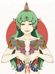 Rule 34 | 1girl, breast tattoo, collarbone, commentary request, curly hair, eyelashes, fang, fingernails, full-body tattoo, green eyes, green hair, highres, horns, komano aunn, lips, long hair, nail polish, navel, nude, open mouth, revision, shiratama (irodoli), simple background, single horn, stomach, stomach tattoo, tattoo, touhou