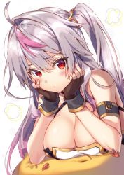 Rule 34 | 1girl, azur lane, blush, breasts, head rest, cleavage, fingerless gloves, gloves, grenville (azur lane), streaked hair, large breasts, long hair, multicolored hair, off shoulder, purple hair, red eyes, riichu, side ponytail, simple background, solo