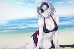 Rule 34 | 1girl, beach, bikini, black bikini, blurry, breasts, commentary request, day, depth of field, fate/grand order, fate (series), headpiece, highres, horizon, jeanne d&#039;arc (fate), jeanne d&#039;arc alter (avenger) (fate), jeanne d&#039;arc alter (fate), looking at viewer, medium breasts, pale skin, parted lips, shore, short hair, silver hair, solo, swimsuit, taka-chan, yellow eyes