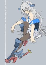 Rule 34 | 1girl, absurdres, black pantyhose, blue eyes, blue nails, blue necktie, breasts, character name, grey background, grey hair, headgear, highres, kantai collection, long hair, nail polish, necktie, off shoulder, pantyhose, pleated skirt, propeller, rudder footwear, simple background, skirt, solo, washington (kancolle), white skirt, yayoitt