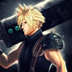 Rule 34 | 1boy, adam ryu ford, armor, black gloves, blonde hair, blue eyes, blue sweater, buster sword, closed mouth, cloud strife, commentary, earrings, english commentary, final fantasy, final fantasy vii, gloves, holding, holding sword, holding weapon, huge weapon, jewelry, looking to the side, male focus, over shoulder, ribbed sweater, short hair, shoulder armor, single bare shoulder, single earring, sleeveless, sleeveless turtleneck, solo, spiked hair, stud earrings, suspenders, sweater, sword, turtleneck, turtleneck sweater, upper body, weapon, weapon over shoulder