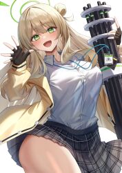Rule 34 | 1girl, black gloves, black skirt, blonde hair, blue archive, blush, breasts, collared shirt, commentary, cowboy shot, dot nose, double-parted bangs, fingerless gloves, gatling gun, gloves, green eyes, gun, hair between eyes, hair intakes, halo, highres, holding, holding gun, holding weapon, id card, jacket, large breasts, long sleeves, looking at viewer, menmen (menmen13s), nonomi (blue archive), open clothes, open jacket, open mouth, plaid, plaid skirt, pleated skirt, puffy long sleeves, puffy sleeves, shirt, simple background, single hair ring, skirt, smile, solo, thick thighs, thighs, upper body, waving, weapon, white background, white shirt, yellow halo, yellow jacket