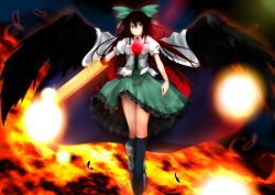 Rule 34 | 1girl, arm cannon, asymmetrical footwear, black hair, black thighhighs, blouse, bow, cape, dd mayohara, feathers, female focus, fire, flying, hair bow, long hair, mismatched footwear, red eyes, reiuji utsuho, shirt, shoes, solo, thighhighs, third eye, touhou, weapon, wings