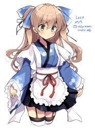 Rule 34 | 1girl, alternate costume, apron, blue kimono, blush, brown eyes, cropped legs, dated, enmaided, garter straps, hair between eyes, japanese clothes, johnston (kancolle), kantai collection, kimono, light brown hair, long hair, long sleeves, maid, odawara hakone, one-hour drawing challenge, simple background, solo, thighhighs, twitter username, wa maid, white apron, white background, white thighhighs, wide sleeves