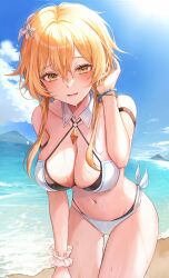 Rule 34 | 1girl, 723/nanahumi, absurdres, alternate costume, arm strap, bare arms, bare shoulders, beach, bikini, black bikini, blonde hair, blue sky, blush, breasts, cleavage, cloud, collar, collarbone, cowboy shot, criss-cross halter, day, detached collar, flower, frilled cuffs, genshin impact, hair between eyes, hair flower, hair ornament, halterneck, hand in own hair, hand up, highres, large breasts, layered bikini, leaning forward, looking at viewer, lumine (genshin impact), mountainous horizon, navel, ocean, open mouth, outdoors, sand, short hair with long locks, side-tie bikini bottom, sidelocks, sky, smile, solo, stomach, string bikini, swimsuit, thighs, water drop, wet, wet hair, white bikini, white collar, white flower, wrist cuffs, wristband, yellow eyes