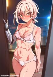 Rule 34 | 1girl, @ @, abs, bandaid, bandaid on cheek, bandaid on face, blush, breasts, cameltoe, cleavage, commentary, english commentary, grey eyes, highres, hot, kuso otoko, lens flare, looking at viewer, low ponytail, mechanical arms, medium breasts, medium hair, navel, original, panties, pink hair, pov doorway, prosthesis, prosthetic arm, single mechanical arm, solo, sweat, toned, underwear, underwear only