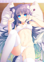 Rule 34 | 1girl, :o, animal ears, antenna hair, aoi banri, bare shoulders, bed, bed sheet, bell, between breasts, blue eyes, blush, bowl, bra, breasts, cat cutout, cat ear panties, cat ears, cat lingerie, choker, cleavage, cleavage cutout, clothing cutout, collarbone, covered erect nipples, crotch seam, dripping, fingernails, frilled bra, frills, gradient hair, green hair, head tilt, highres, holding, indoors, jingle bell, knee up, long hair, looking at viewer, lying, meme attire, midriff, multicolored hair, navel, on back, on bed, original, panties, parted lips, paw pose, pillow, purple hair, ribbon, side-tie panties, small breasts, solo, spatula, stomach, tail, thighhighs, thighs, underwear, valentine, very long hair, white bra, white panties, white ribbon, white thighhighs