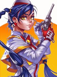 Rule 34 | 1girl, aika granzchesta, aria (manga), asymmetrical gloves, braid, brooch, capelet, close-up, commentary request, earrings, eyelashes, garrison cap, gloves, gun, handgun, hat, highres, holding, holding gun, holding weapon, jewelry, lips, long hair, looking at viewer, makeup, mascara, mismatched gloves, nose, pistol, portrait, revolver, side braids, solo, trigger discipline, voodoothur, weapon, yellow eyes