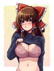 Rule 34 | 1girl, black sweater, blush, border, bow, bra, breasts, brown eyes, brown hair, cleavage, clothes lift, commentary request, cookie (touhou), frilled bow, frilled hair tubes, frills, hair between eyes, hair bow, hair tubes, hakurei reimu, highres, kanna (cookie), large breasts, long hair, looking at viewer, navel, odennoden, open mouth, pink bra, red bow, solo, sweater, sweater lift, touhou, translated, underwear, upper body, white border, yellow background