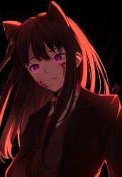 Rule 34 | 1girl, absurdres, animal ears, backlighting, black hair, black suit, blood, blood on clothes, blood on face, chxoswolf, closed mouth, collared shirt, commentary, cuts, dark, dog ears, english commentary, expressionless, formal, grey vest, head tilt, highres, injury, inoue takina, jacket, long hair, lycoris recoil, necktie, open clothes, open jacket, purple eyes, red necktie, red theme, shirt, sidelocks, signature, solo, suit, suit jacket, upper body, vest, white shirt, wolf ears