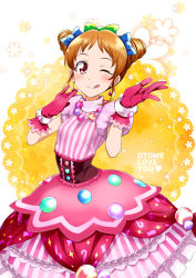 Rule 34 | 1girl, ;p, aikatsu!, aikatsu! (series), arisugawa otome, blush, bow, catchphrase, character name, commentary, cone hair bun, double bun, dress, drill hair, earrings, flower, frilled dress, frills, gloves, hair bow, hair bun, highres, idol, jewelry, kurose kousuke, looking at viewer, necklace, one eye closed, orange hair, pink dress, pink gloves, reaching, reaching towards viewer, red eyes, short hair, short sleeves, smile, solo, tongue, tongue out, twin drills, two-tone background, upper body, wrist cuffs
