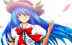Rule 34 | 1girl, black hat, blue hair, bow, bowtie, closed mouth, commentary request, hat, highres, hinanawi tenshi, leaf, long hair, looking at viewer, nekominase, peach hat ornament, red bow, red bowtie, red eyes, short sleeves, simple background, solo, touhou, upper body, white background