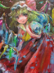 Rule 34 | 1girl, aboooo, bad id, bad pixiv id, blonde hair, bow, embodiment of scarlet devil, female focus, flandre scarlet, hat, hat bow, looking at viewer, oil painting (medium), painting (medium), red eyes, short hair, slit pupils, solo, touhou, traditional media, wings